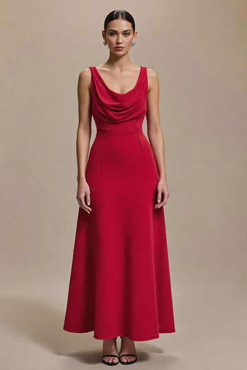 Red A-Line Cowl Neck Long Formal Dress